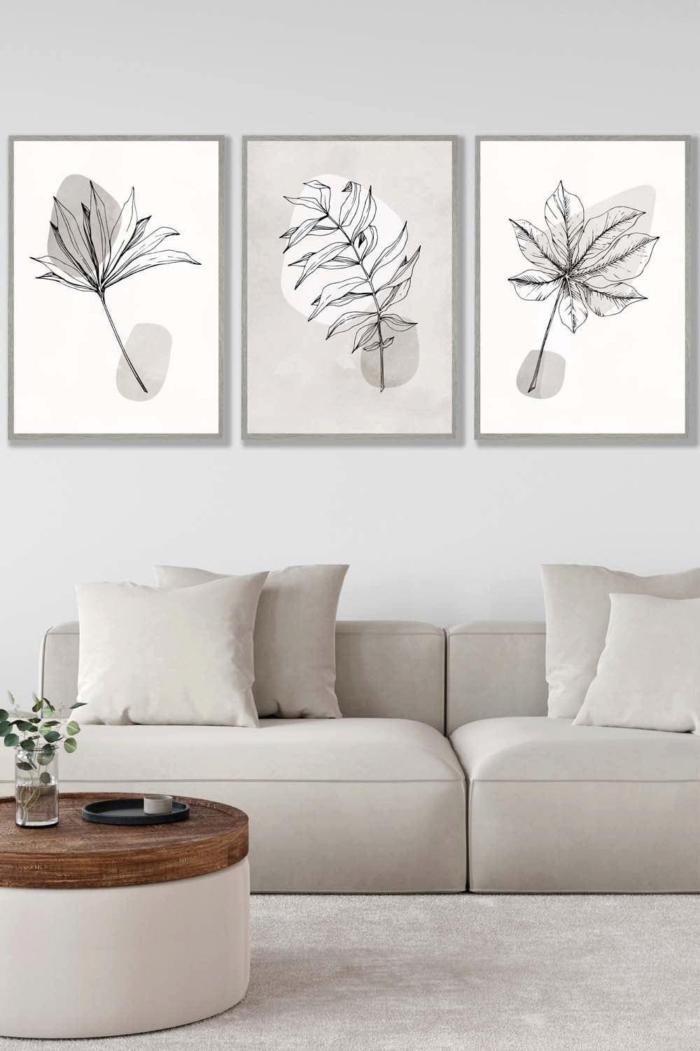 Set of 3 Light Grey Framed Grey and Beige Botanical Sketch Leaves Wall Art